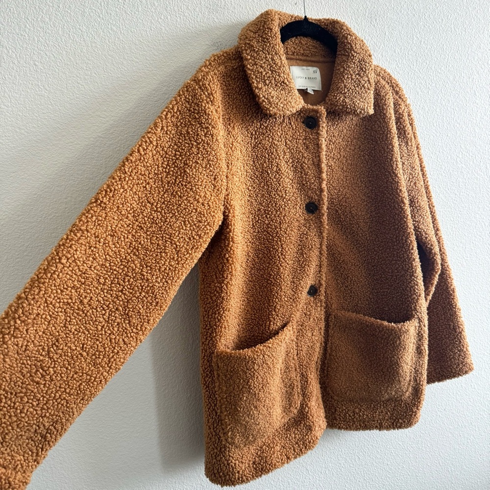 Lucky Brand Faux Fur Teddy Coat Jacket Tan Brown Cozy Fall Winter - Picture 3 of 10